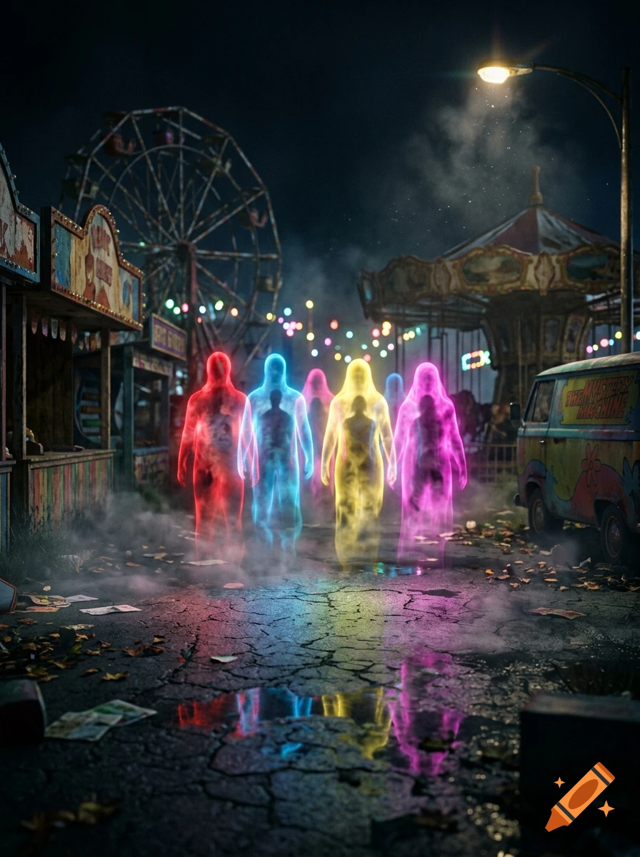 Cinematic photo of five glowing technicolor ghostly figures standing in front of an abandoned amusement park at night.