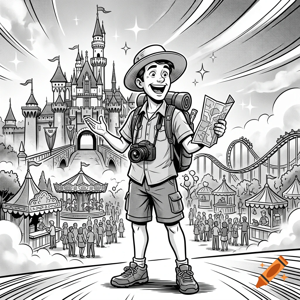 Black and white illustration of a tourist holding a map and camera, standing in front of an amusement park with a large castle, roller coaster, and crowds.