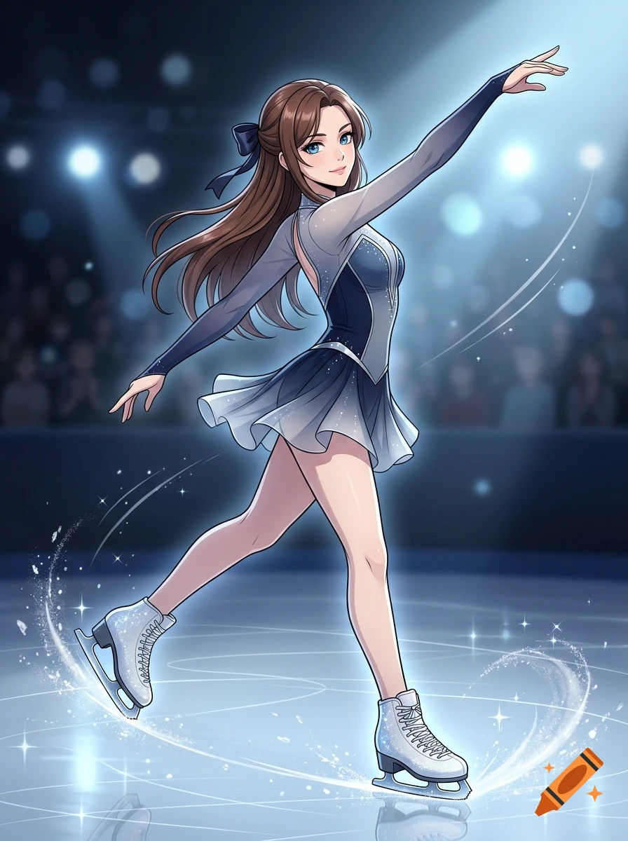 Anime style illustration of a 25 year old female figure skater performing on ice under spotlights.