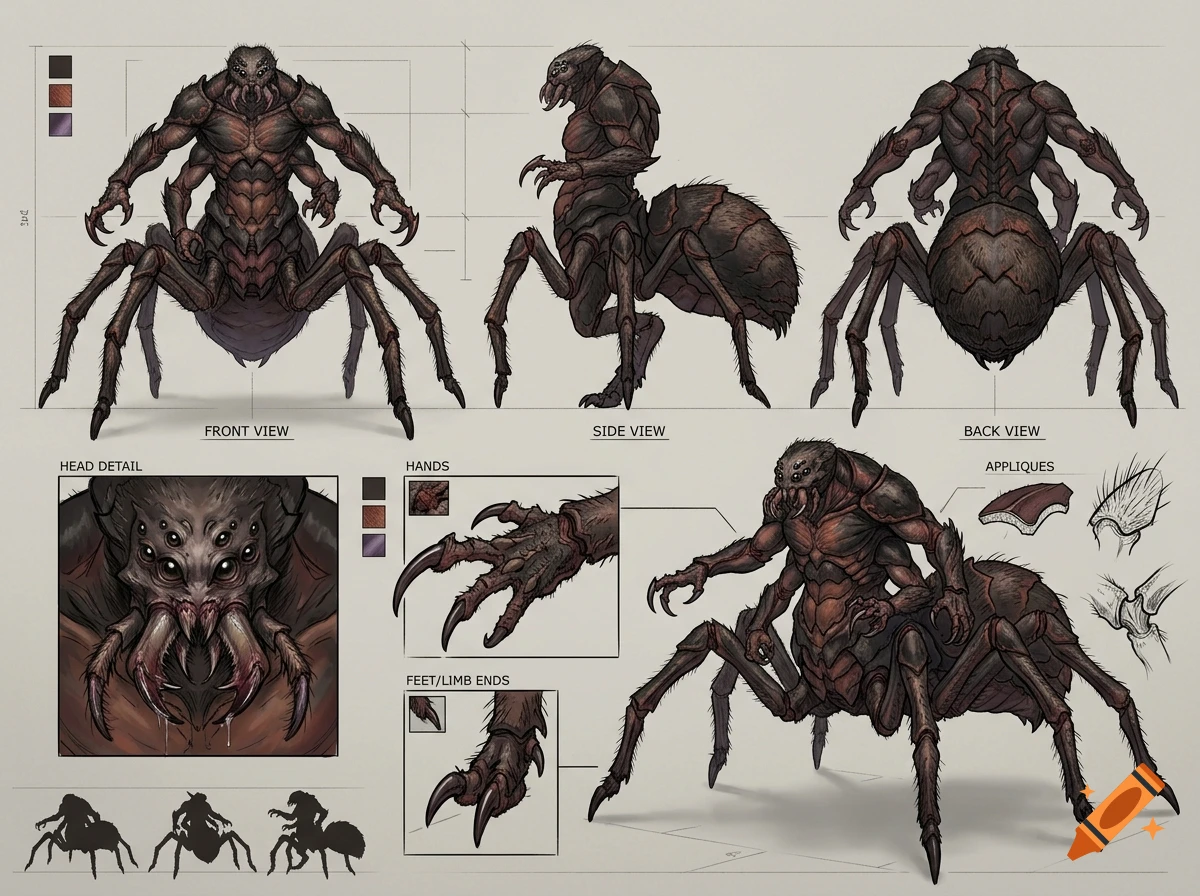 Character design sheet showing front, side, and back views of a dark, multi-limbed spider-like creature, along with anatomical close-ups and color swatches.