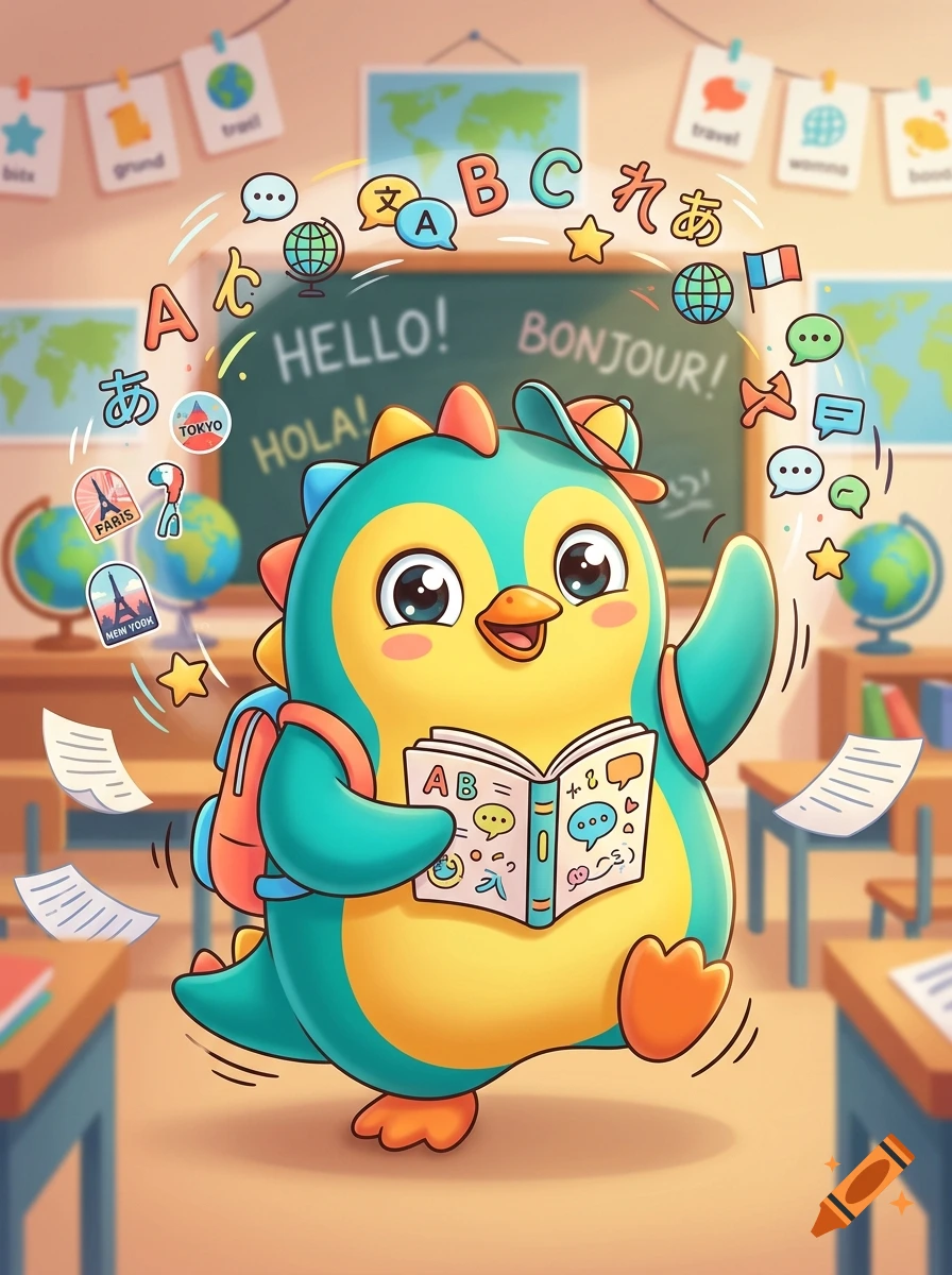 Digital illustration of a cute, colorful penguin-dinosaur hybrid wearing a backpack and holding an open alphabet book in a classroom.