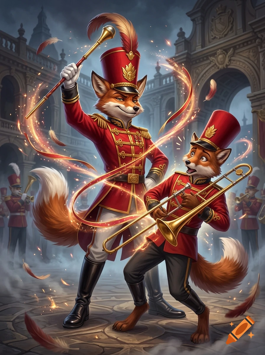 Anthro fox drum major in red uniform using a baton next to another fox playing a trombone, in a courtyard.