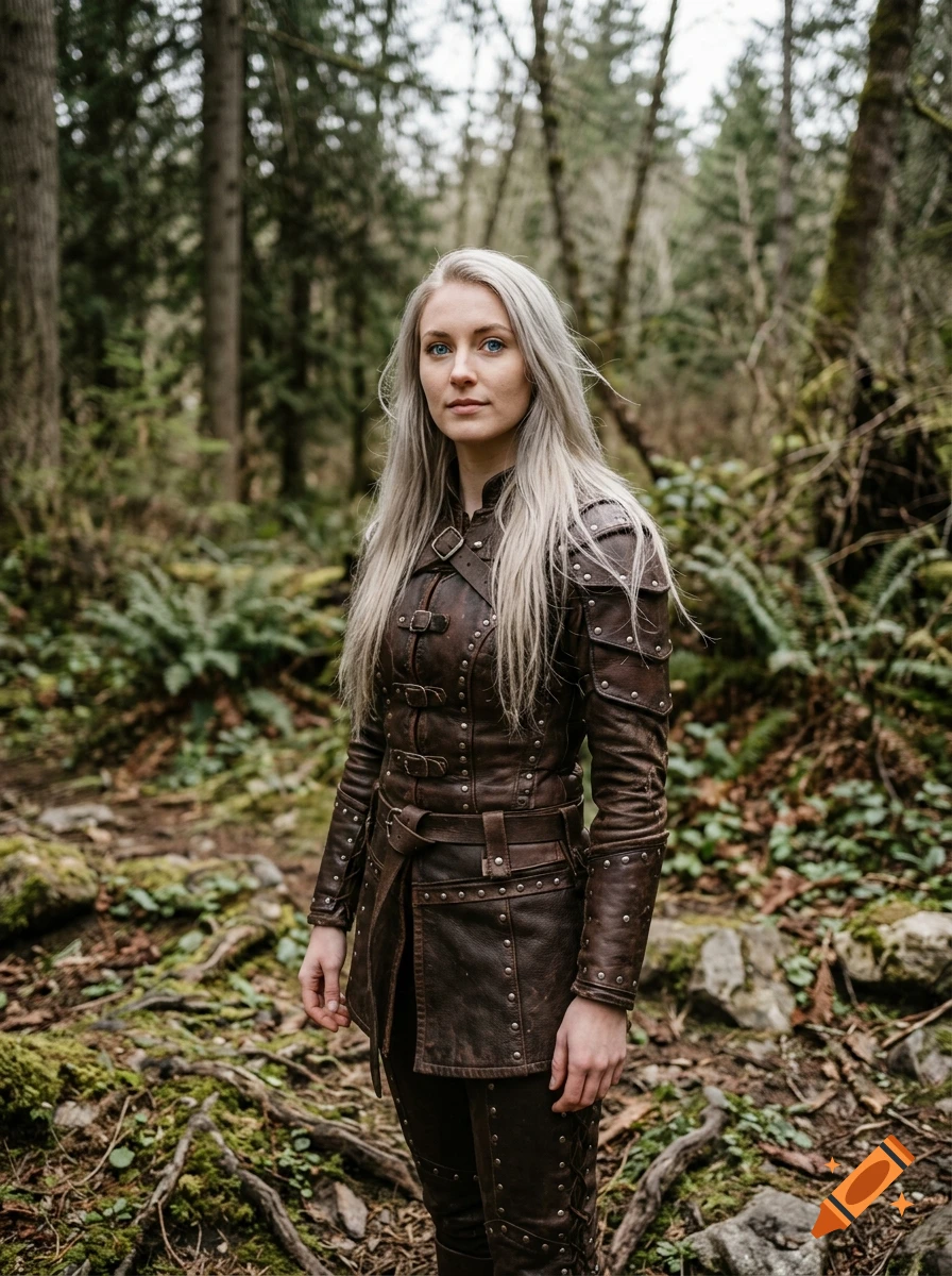 A photorealistic portrait of an Aasimar female warrior with silver-blonde hair and blue eyes, wearing studded leather armor in a forest.