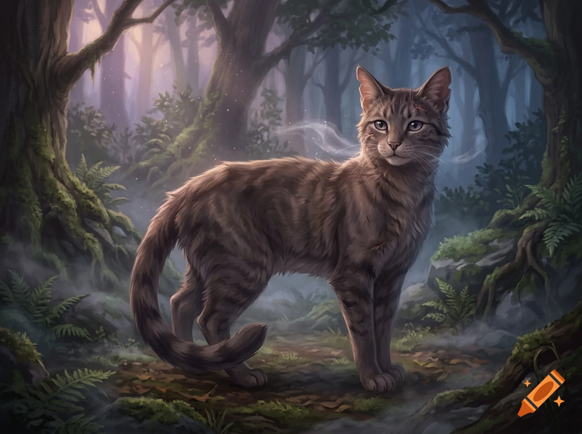 A brown tabby cat standing in a misty forest filled with tall trees and ferns.