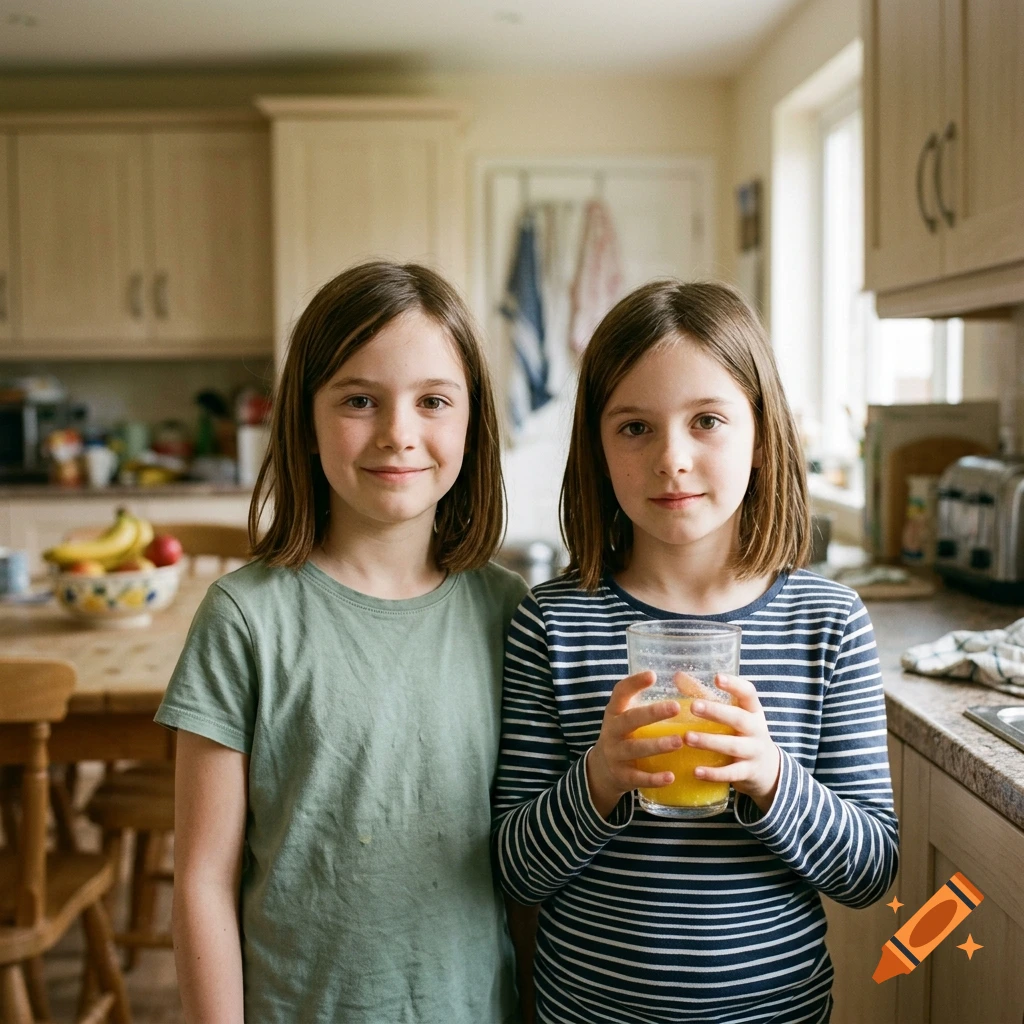 Photorealistic portrait of two twin girls standing in a kitchen, one holding a glass of orange juice.