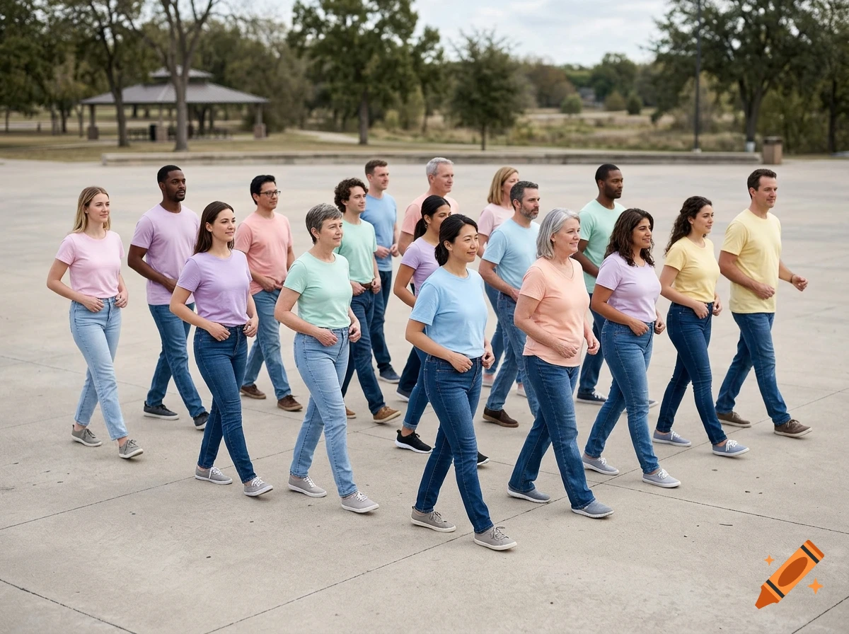 A group of people wearing jeans and pastel t-shirts standing in rows outdoors, performing synchronized movements.