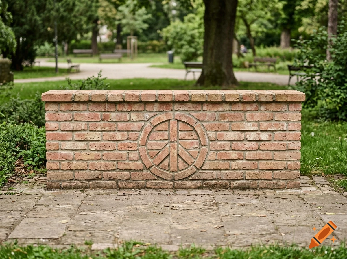 Photorealistic image of a low brick wall with a carved peace sign in the center, located in a green park.