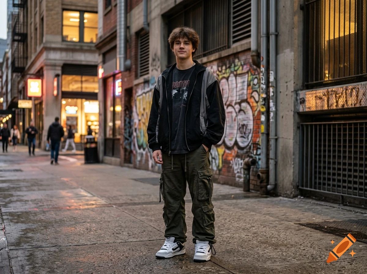 Photorealistic full-body shot of a cool teen standing in an urban alleyway, wearing oversized clothes and sneakers.