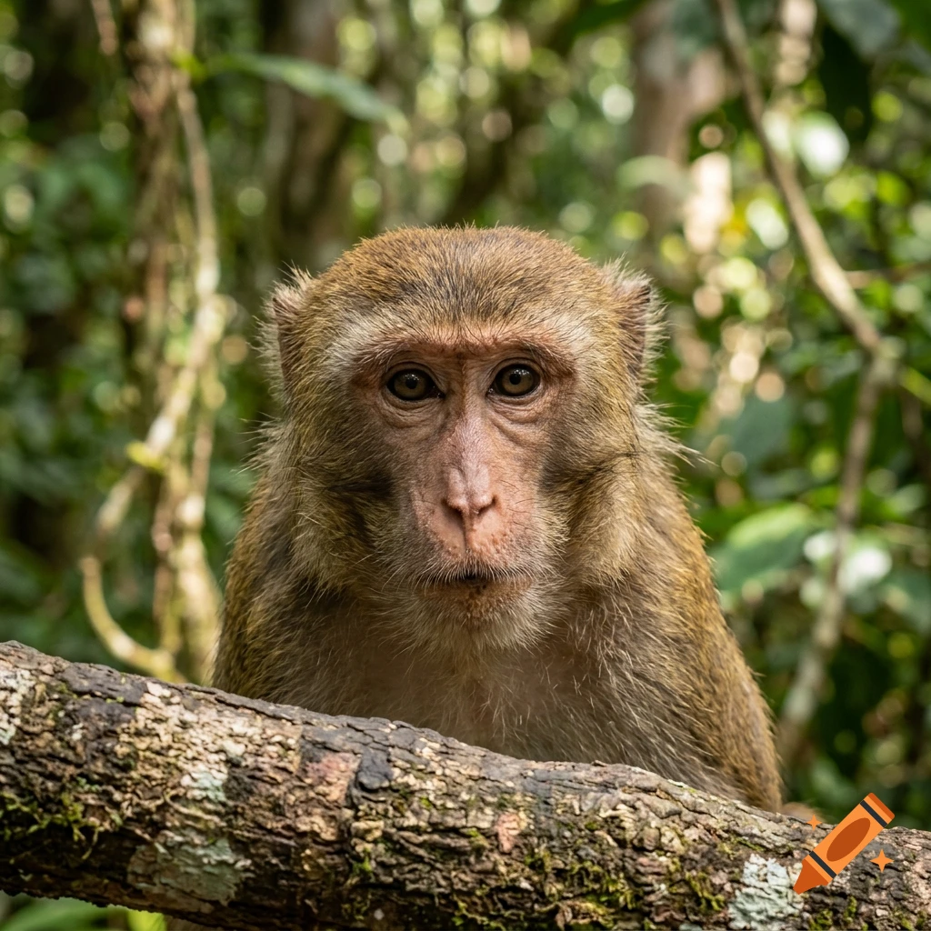 Close-up of a brown monkey looking forward behind a tree branch in a lush green forest.