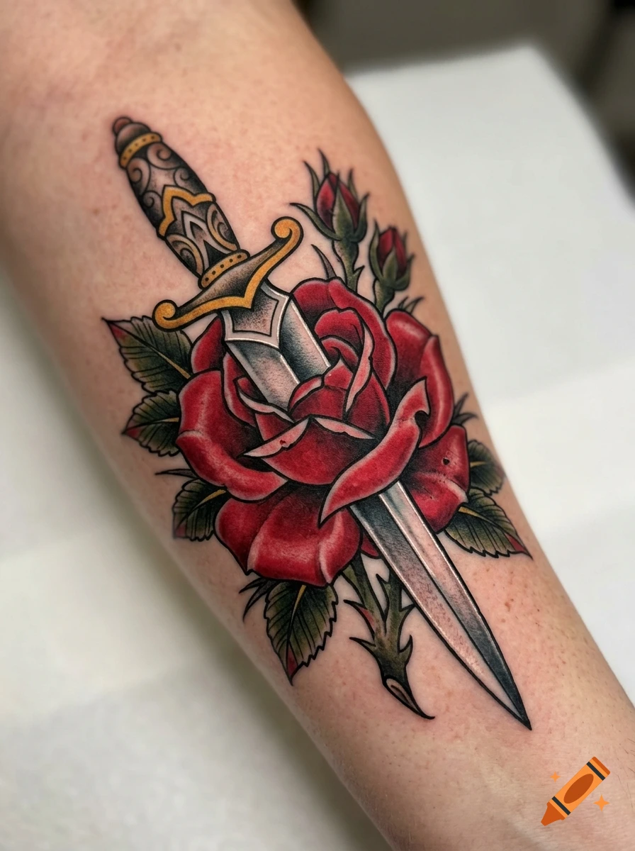 A close-up photograph of a traditional American tattoo on a forearm featuring a detailed red rose pierced by an ornate dagger.