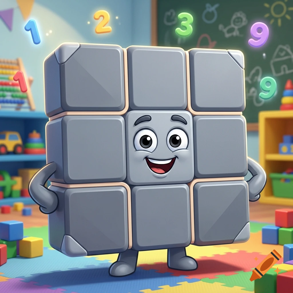 A friendly gray nine-block character with a smiling face, standing in a brightly lit colorful playroom with floating numbers around it.