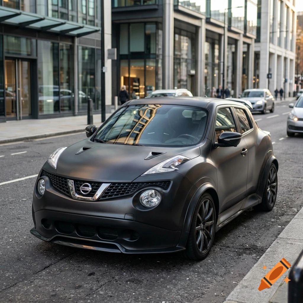 Matte black Nissan Juke-R parked on a city street in front of modern glass buildings, photorealistic.