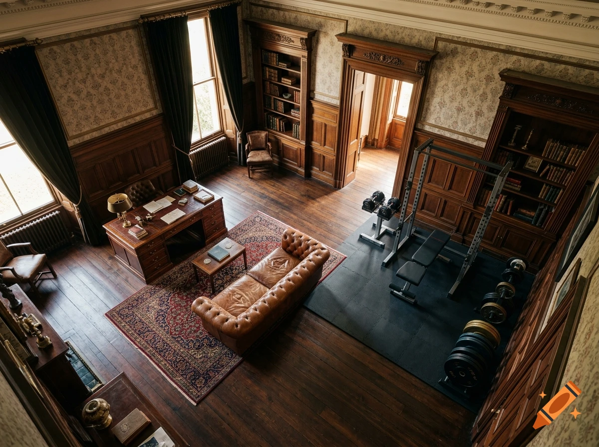 High-angle photorealistic view of a Victorian-style study with a wooden desk, leather sofa, bookshelves, and a home gym setup.
