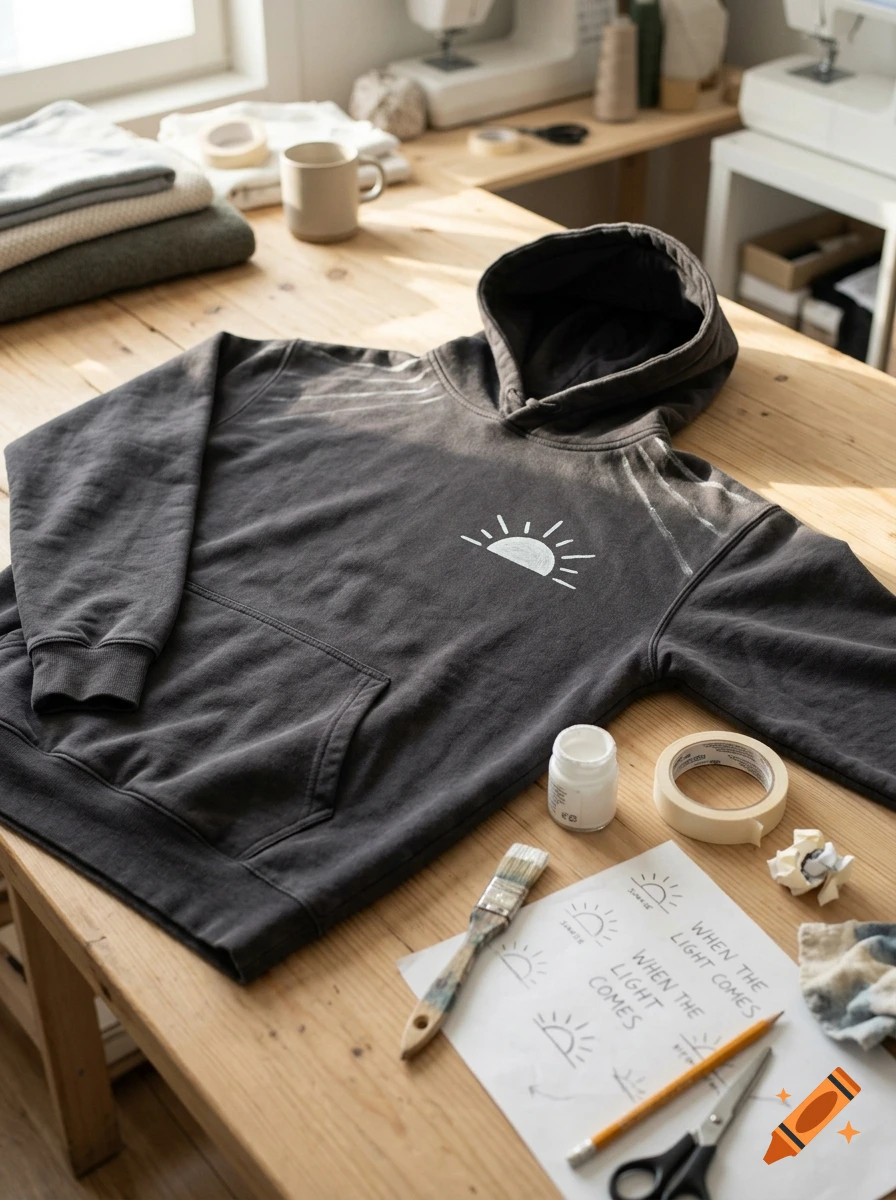 Photorealistic overhead shot of a wooden desk with a DIY hoodie featuring a sun logo, paint, and sketches.