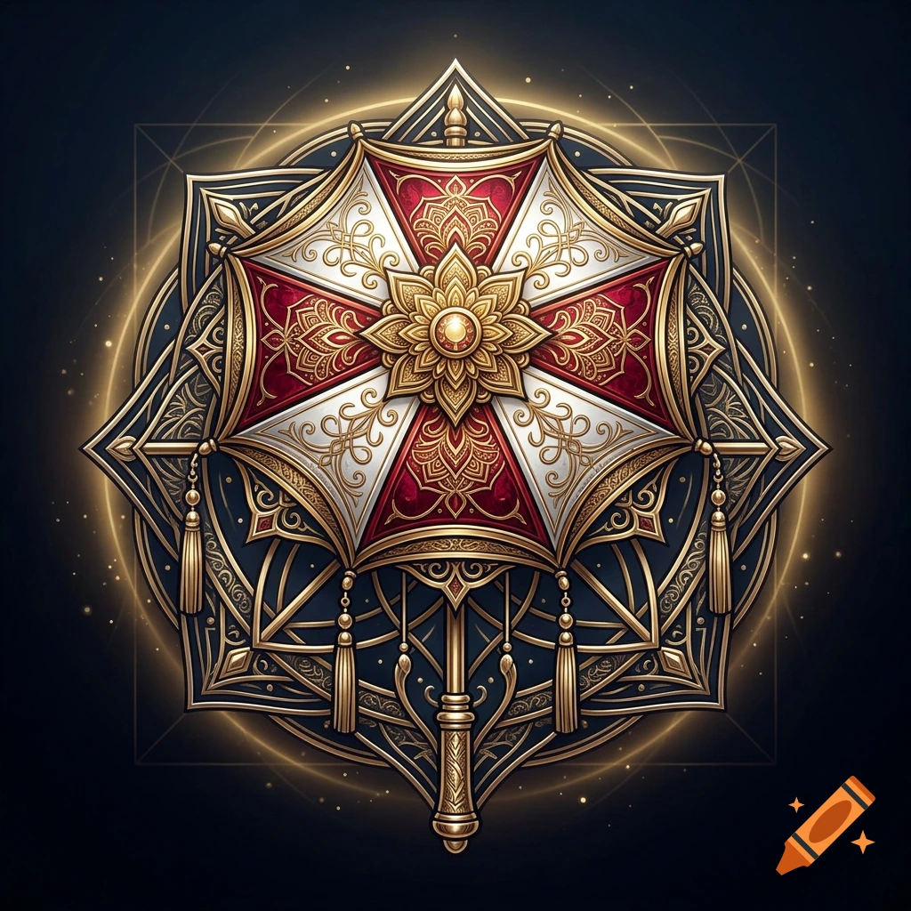 Symmetrical sacred parasol and mandala design featuring red and white panels with gold ornamentation on a dark background.