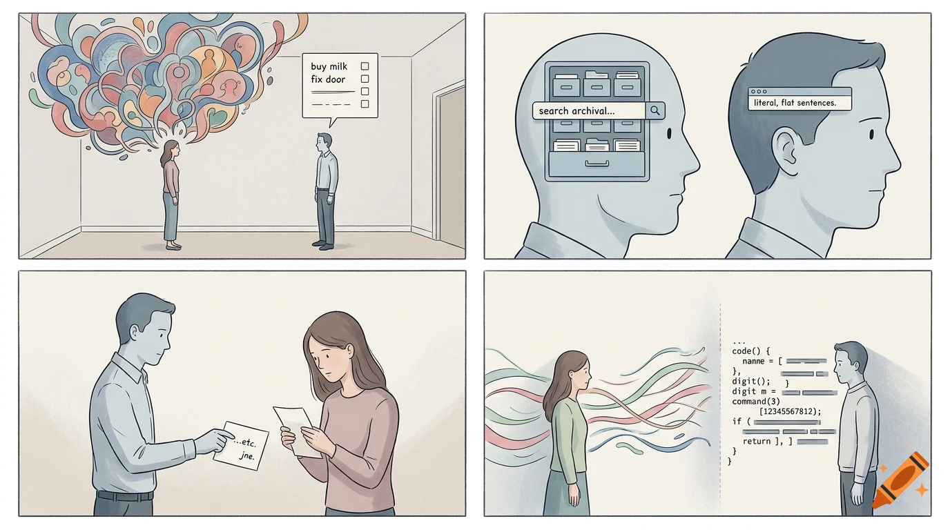 Four-panel minimalist graphic novel illustrating communication differences between a man and a woman.