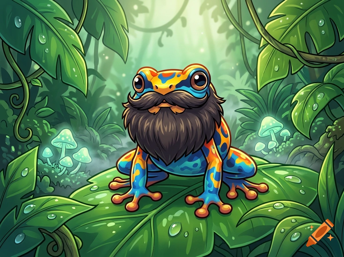 Cartoon illustration of a colorful poison dart frog with a thick black beard, sitting on a tropical leaf in a jungle.