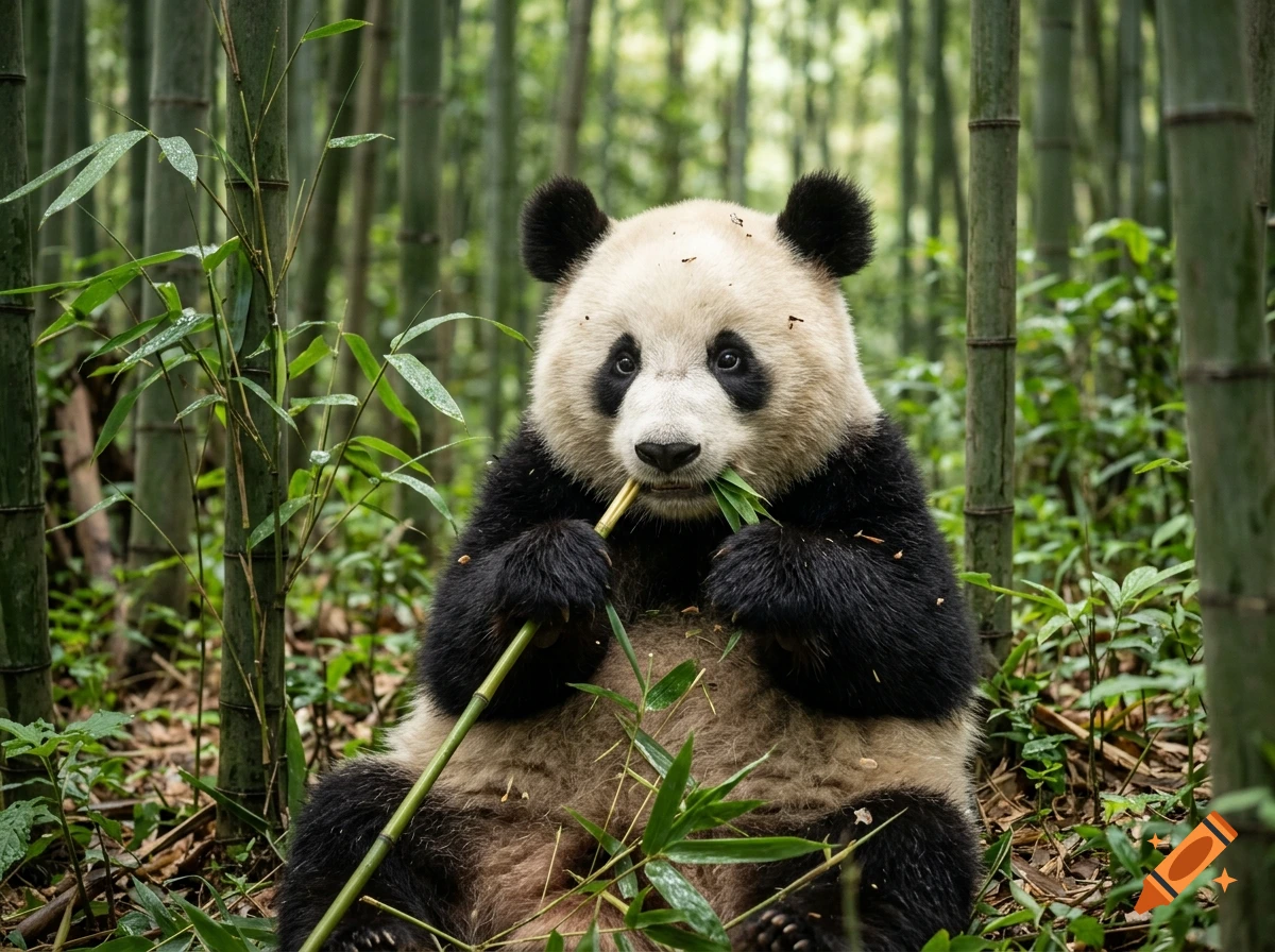 A giant panda sits in a lush green bamboo forest, holding and eating a piece of bamboo shoot.