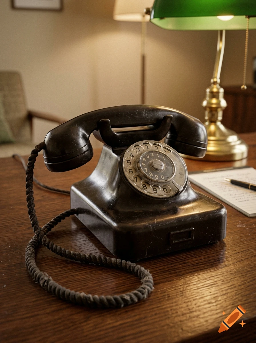 Close-up photorealistic shot of an old black rotary telephone on a wooden desk next to a green banker's lamp.