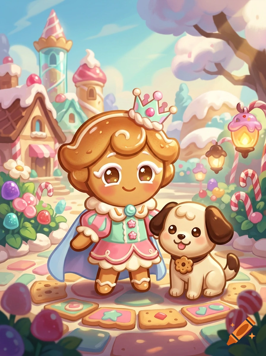 Digital illustration of a cute cookie princess character with a crown and a small puppy in a magical candy village.