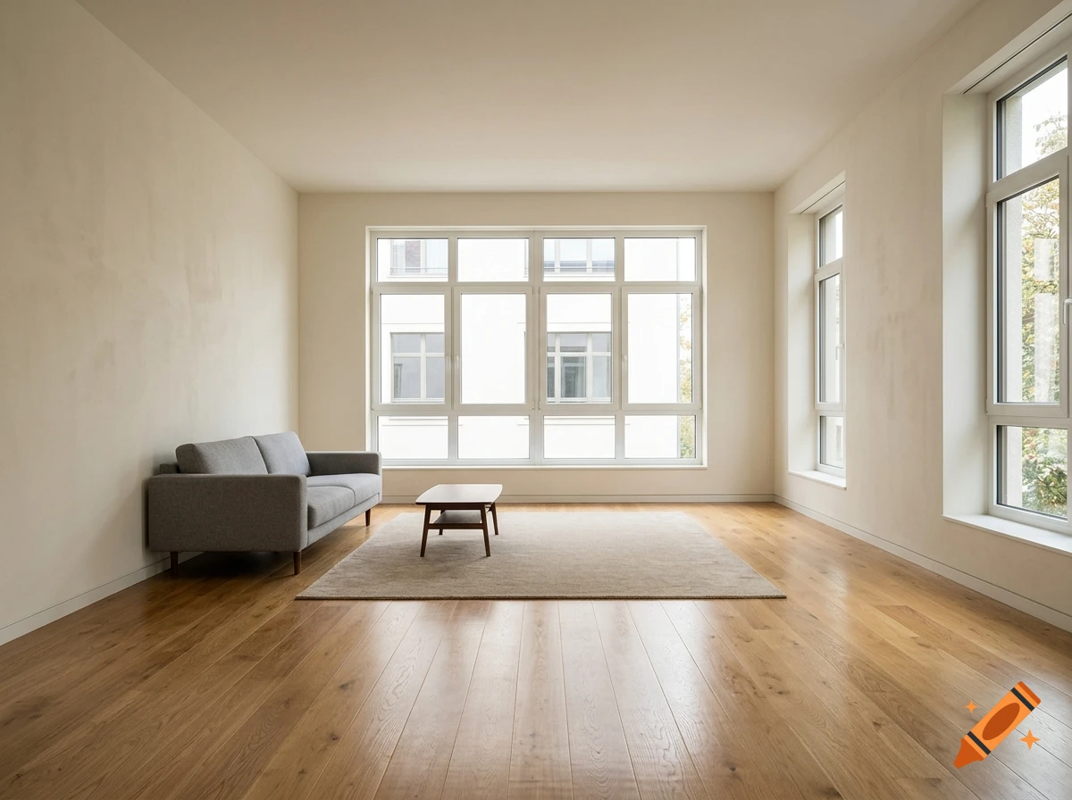 Photorealistic image of a minimalist, unfurnished living room with a grey sofa, a small wooden coffee table, and a rug on wooden floors.