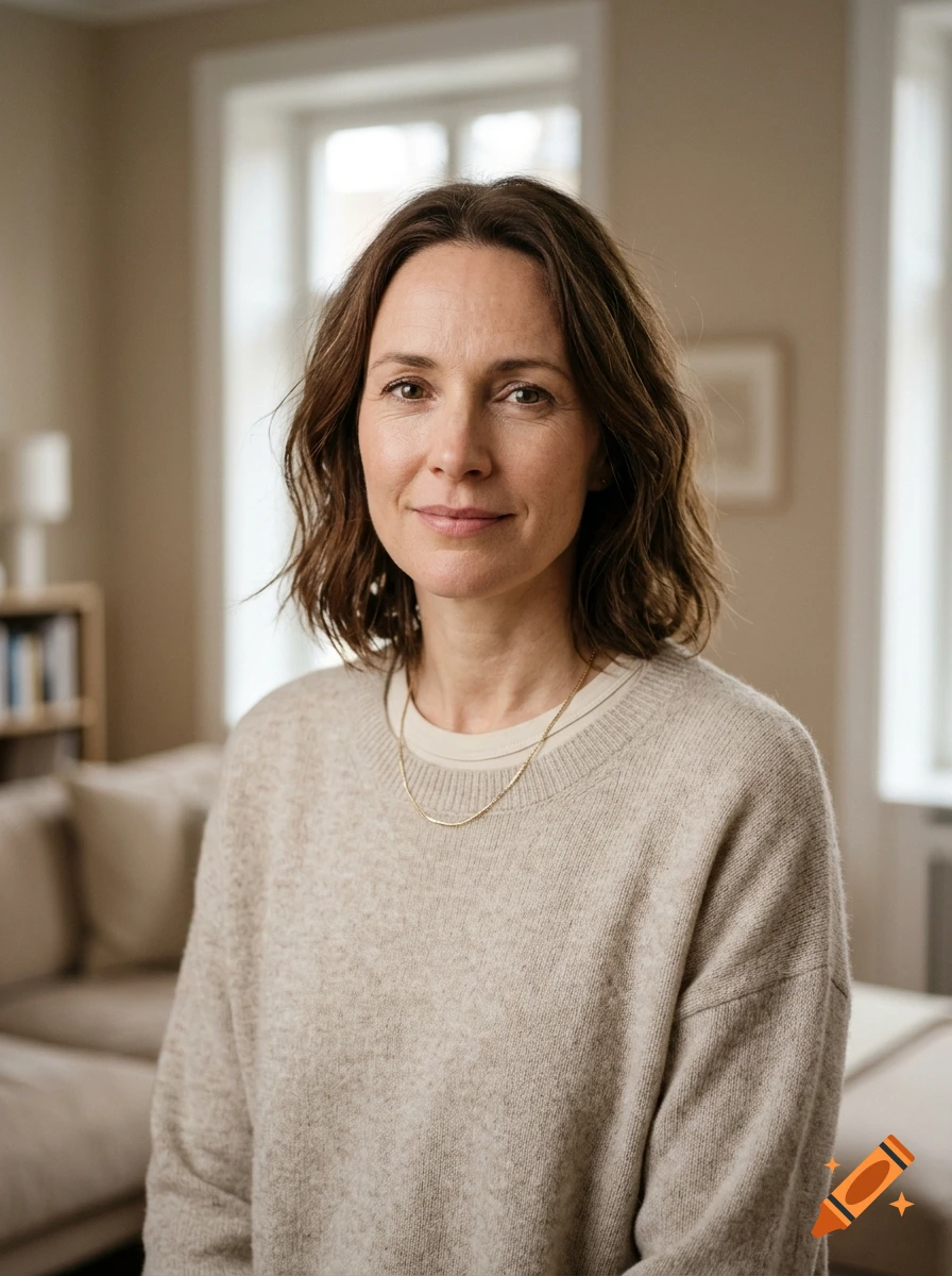 Photorealistic medium shot of a woman with dark wavy hair wearing a beige sweater inside a brightly lit room.