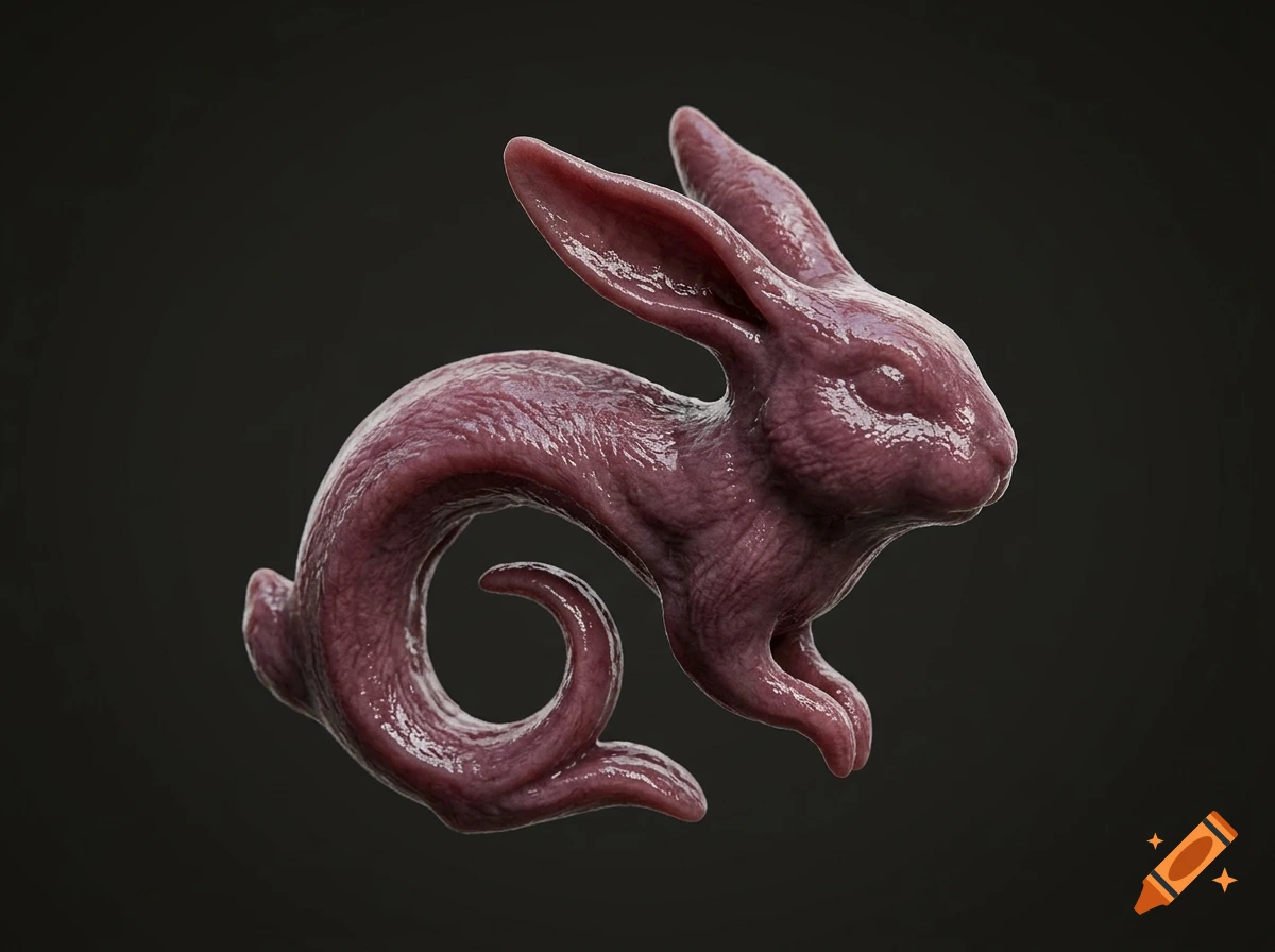 A photorealistic 3D render of a pinkish, fleshy tongue shaped into the form of a leaping rabbit, isolated on a dark background.