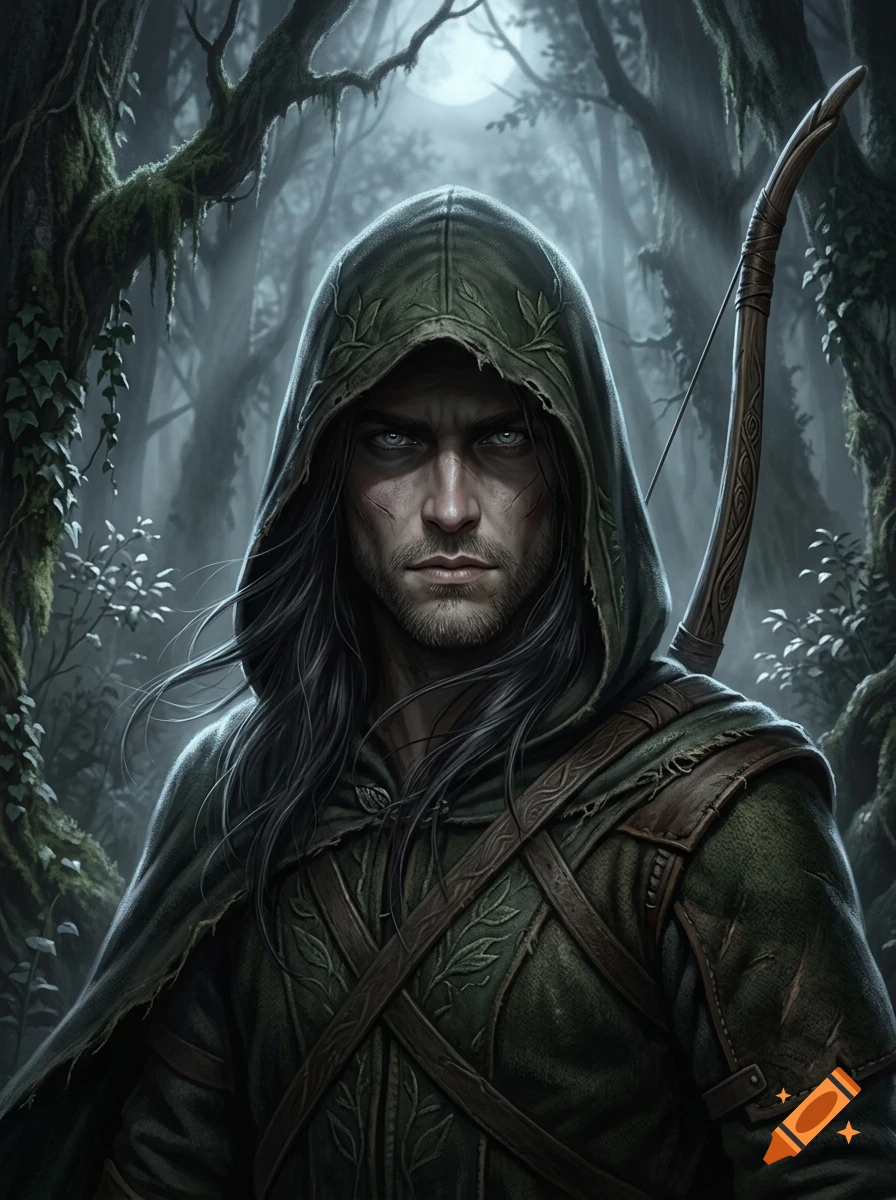 Digital painting of a mysterious male wood elf ranger with long dark hair, a hooded dark green cloak, and a longbow in a misty forest.