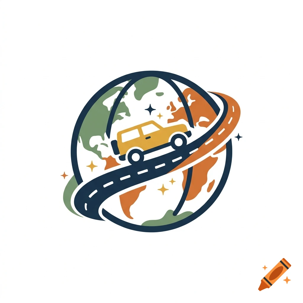 An illustration of a yellow car driving on a road that circles a stylized globe with continents in green and orange, surrounded by small stars.