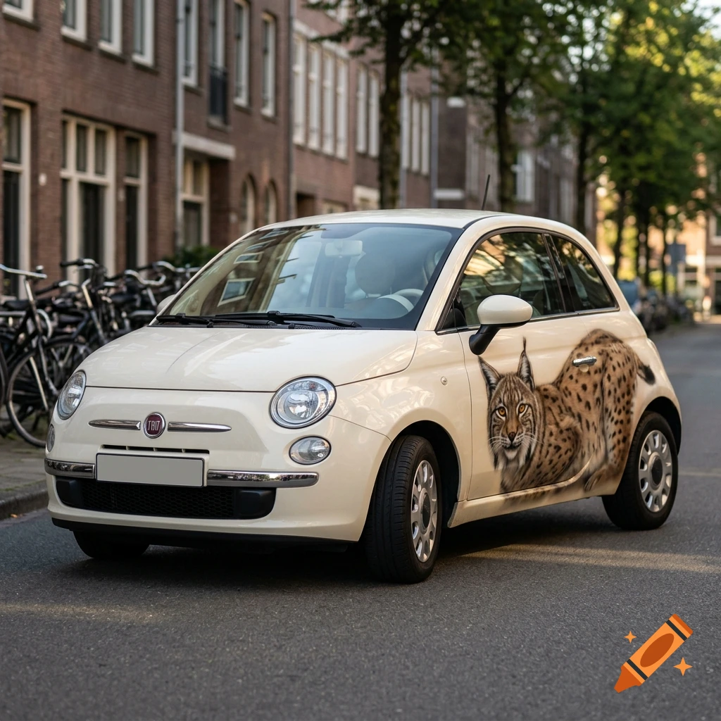 Photorealistic cream-colored Fiat 500 parked on a European city street, featuring an airbrushed lynx motif on the side door.