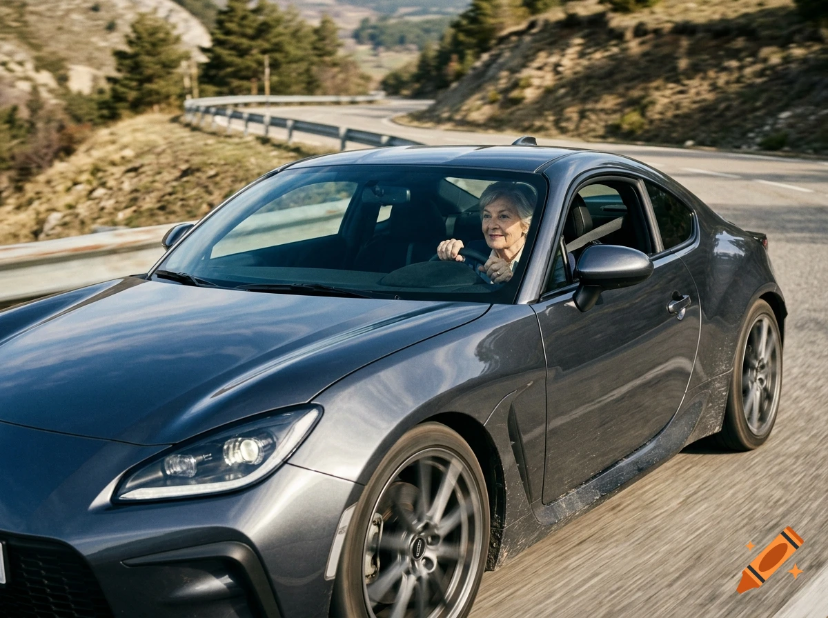 An elderly woman smiling while driving a dark grey sports car on a winding mountain road.