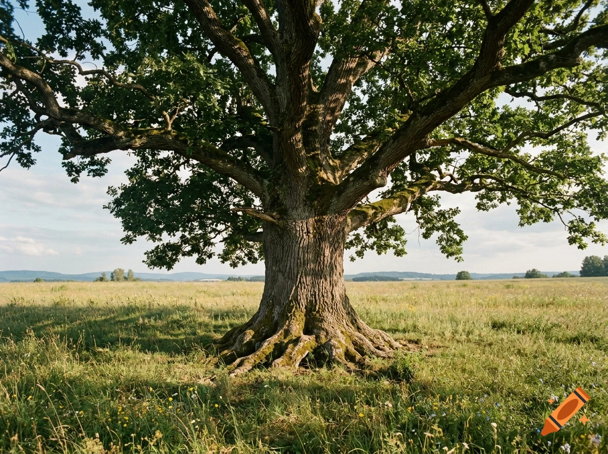A large, ancient oak tree with a massive trunk and sprawling branches stands prominently in the middle of a grassy field under a clear sky.