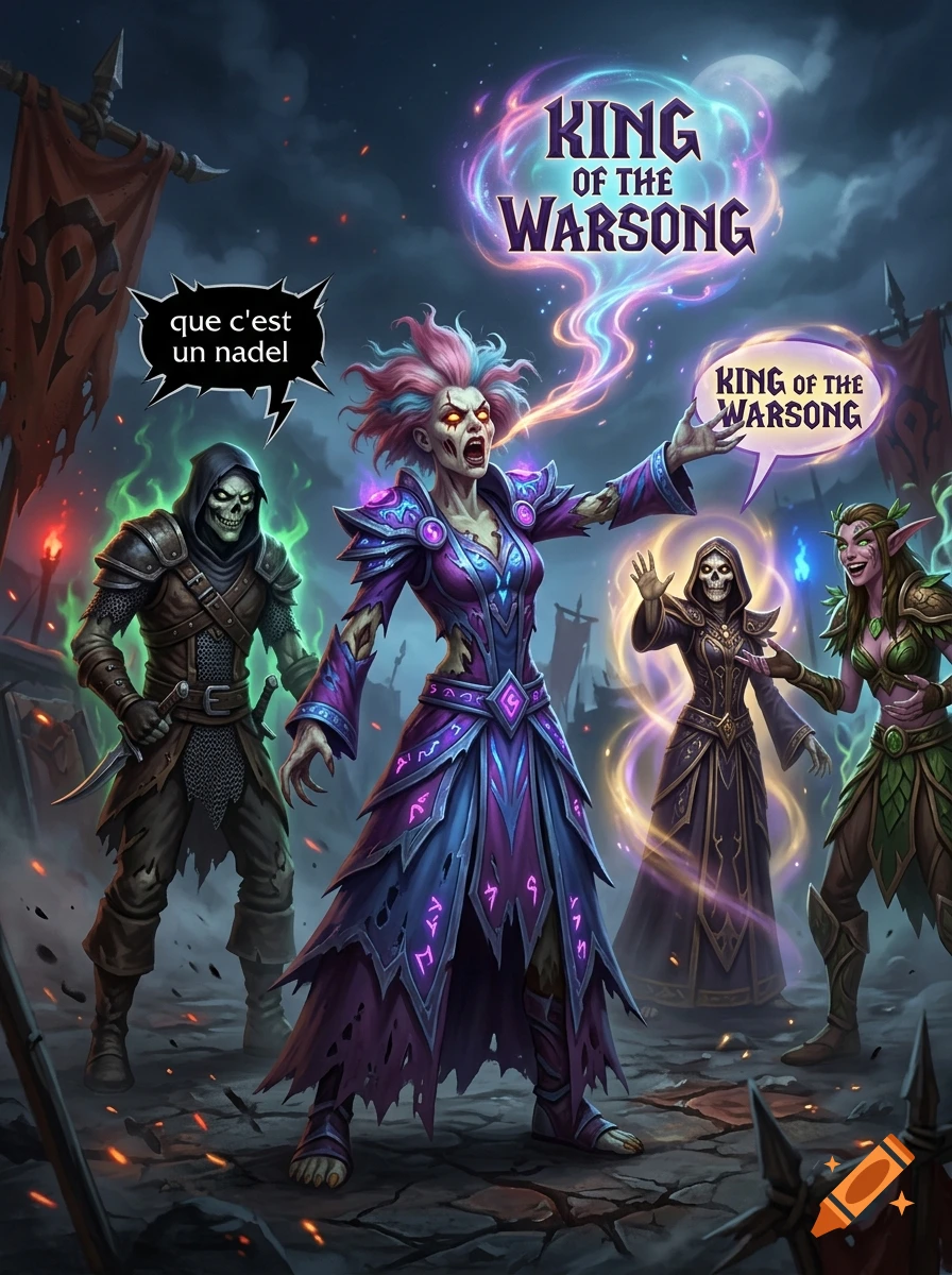 Fantasy digital illustration of an undead mage shouting with speech bubbles containing text, surrounded by other undead and an elf character.