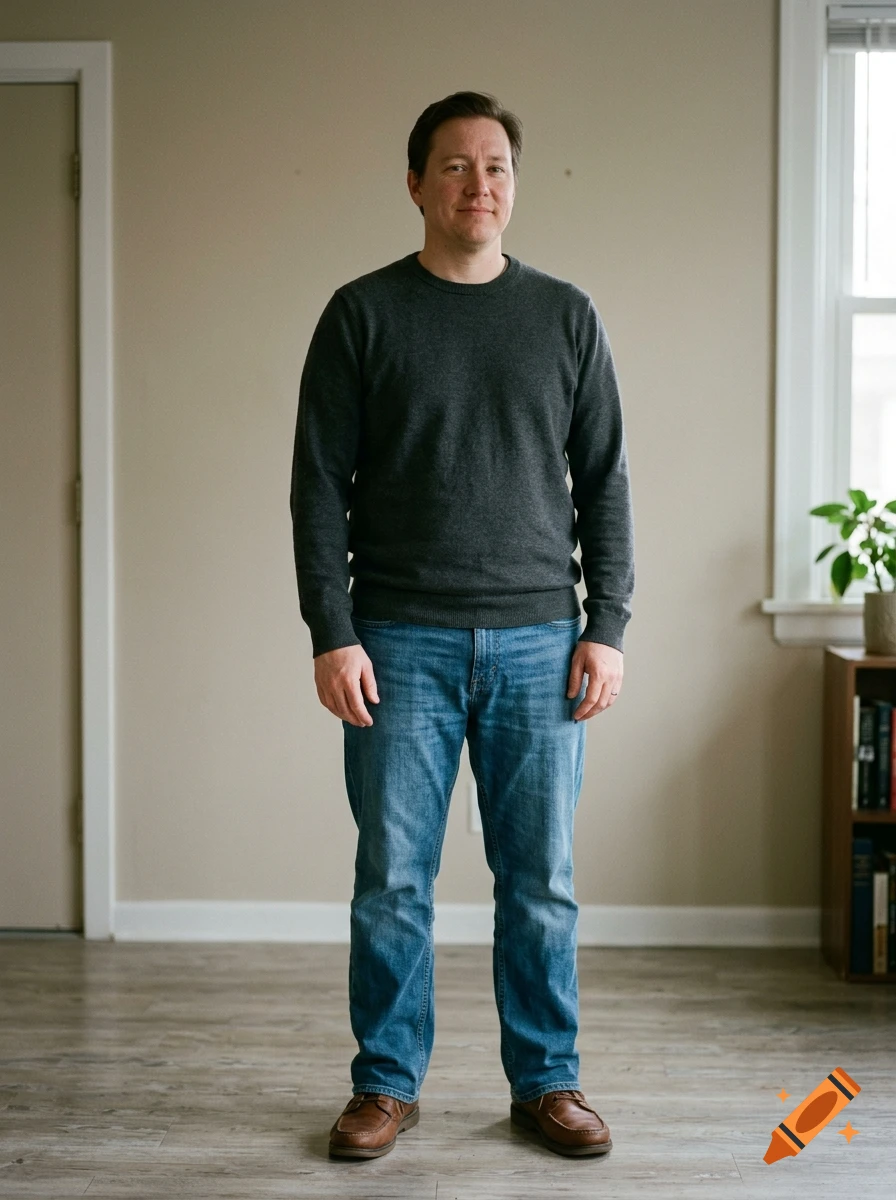 A man wearing a dark sweater and blue jeans standing inside a room.