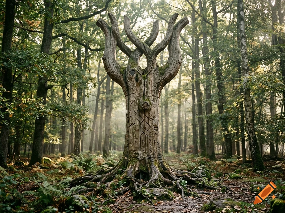 Photorealistic image of a large ancient tree carved into the shape of the Irminsul pillar standing in a misty forest.