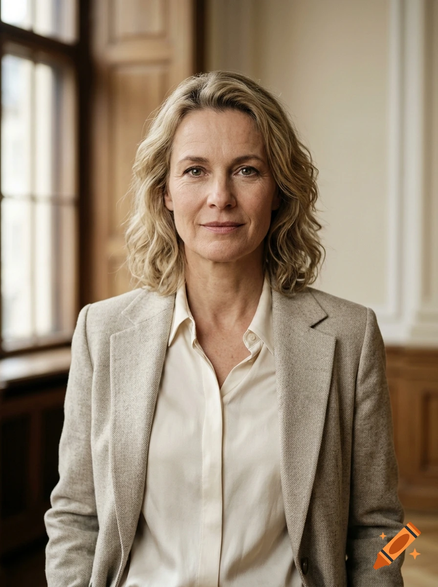 Photorealistic medium shot portrait of a middle-aged woman with blonde curly hair, wearing a beige blazer and white shirt, indoors near a window.
