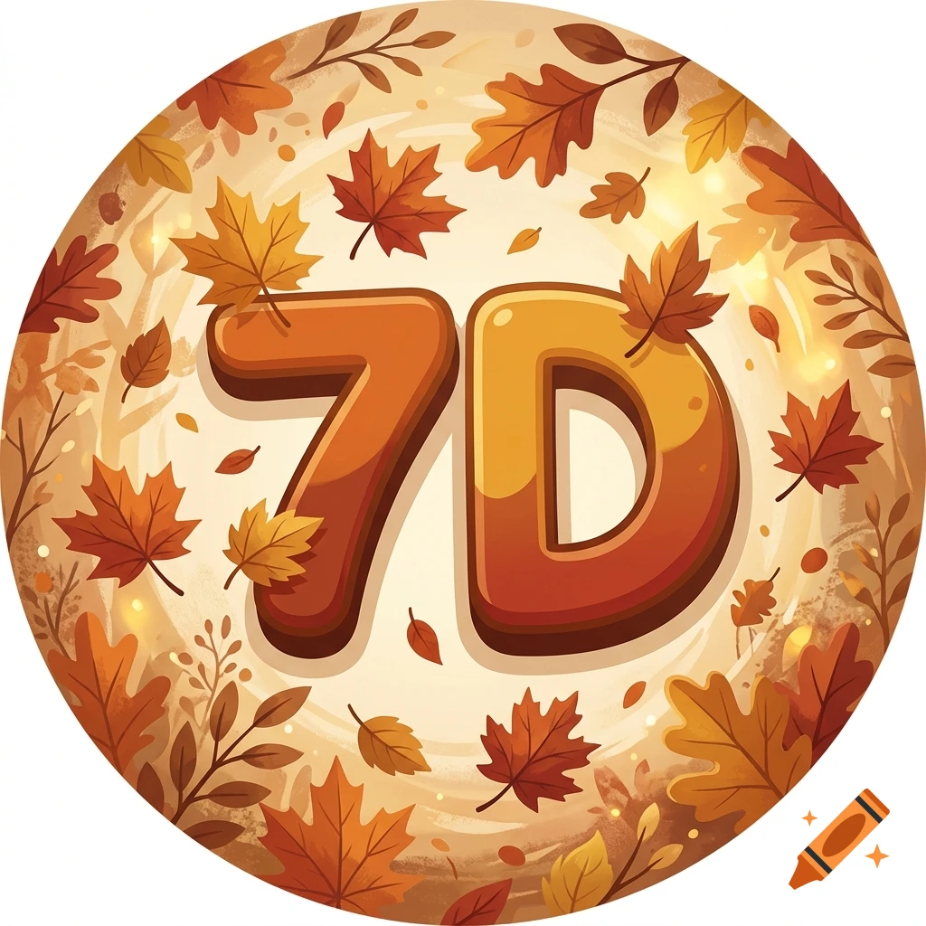 Circular autumn-themed profile picture featuring the text 7D in glossy orange letters surrounded by falling maple leaves and a warm, golden background.