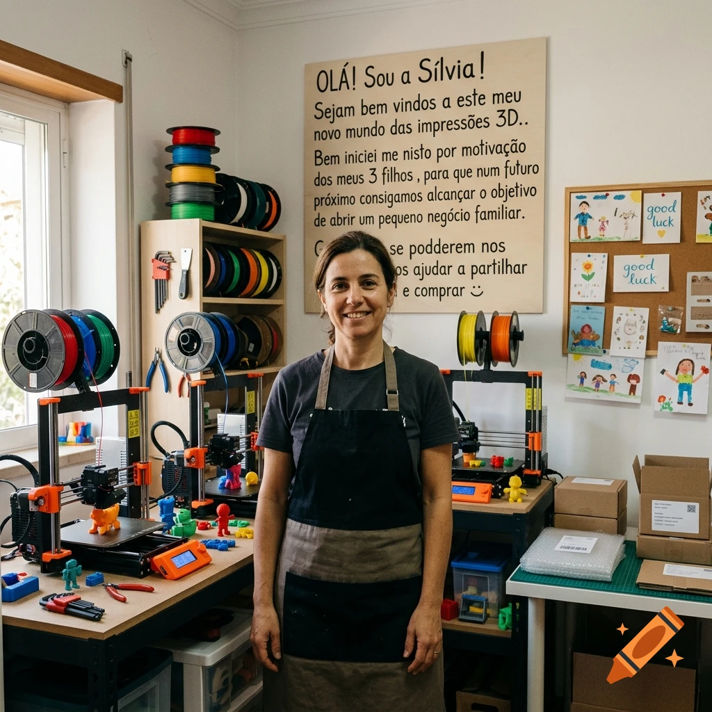 A smiling woman wearing an apron standing in a room with 3D printers and spools of filament.
