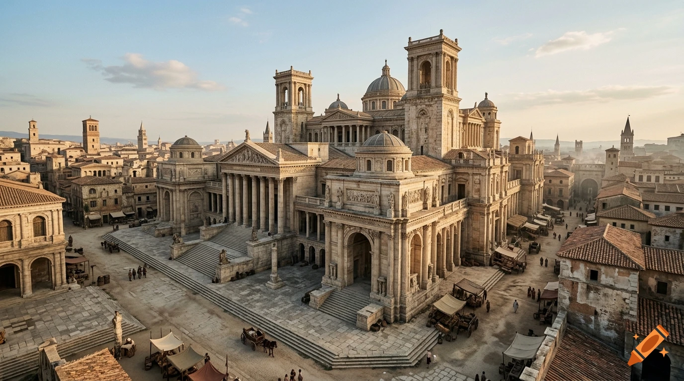 Photorealistic high-angle view of a grand ancient Roman or fantasy city palace with classical pillars, domes, and busy courtyards.