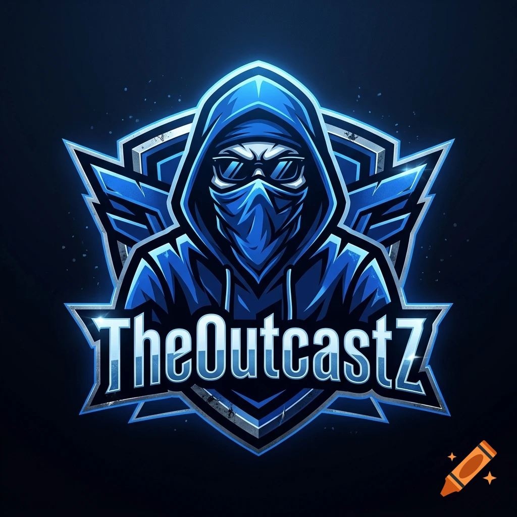 Esports gaming logo featuring a masked figure in a blue hood with the text TheOutcastZ.