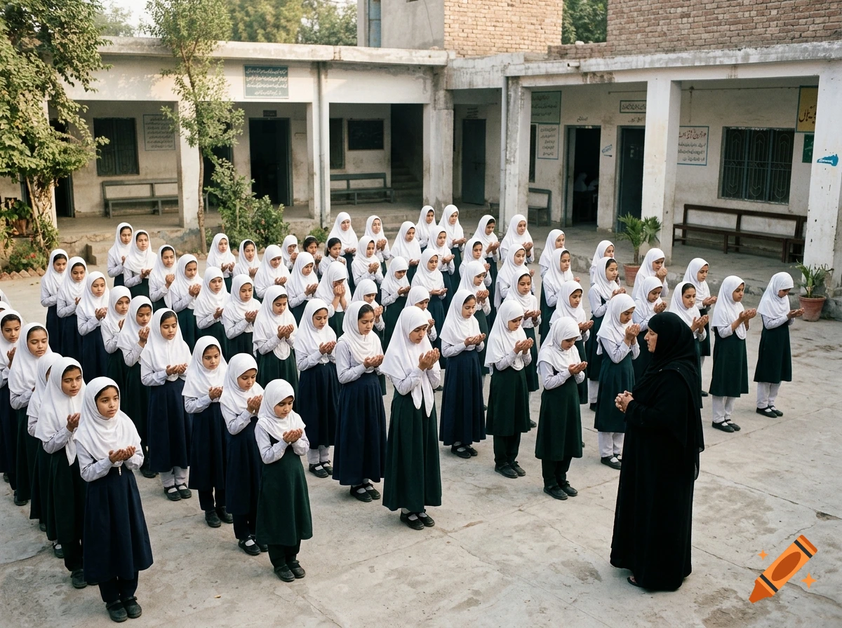 Photorealistic scene of a group of schoolgirls in uniforms and headscarves praying outdoors with a teacher in a burqa.