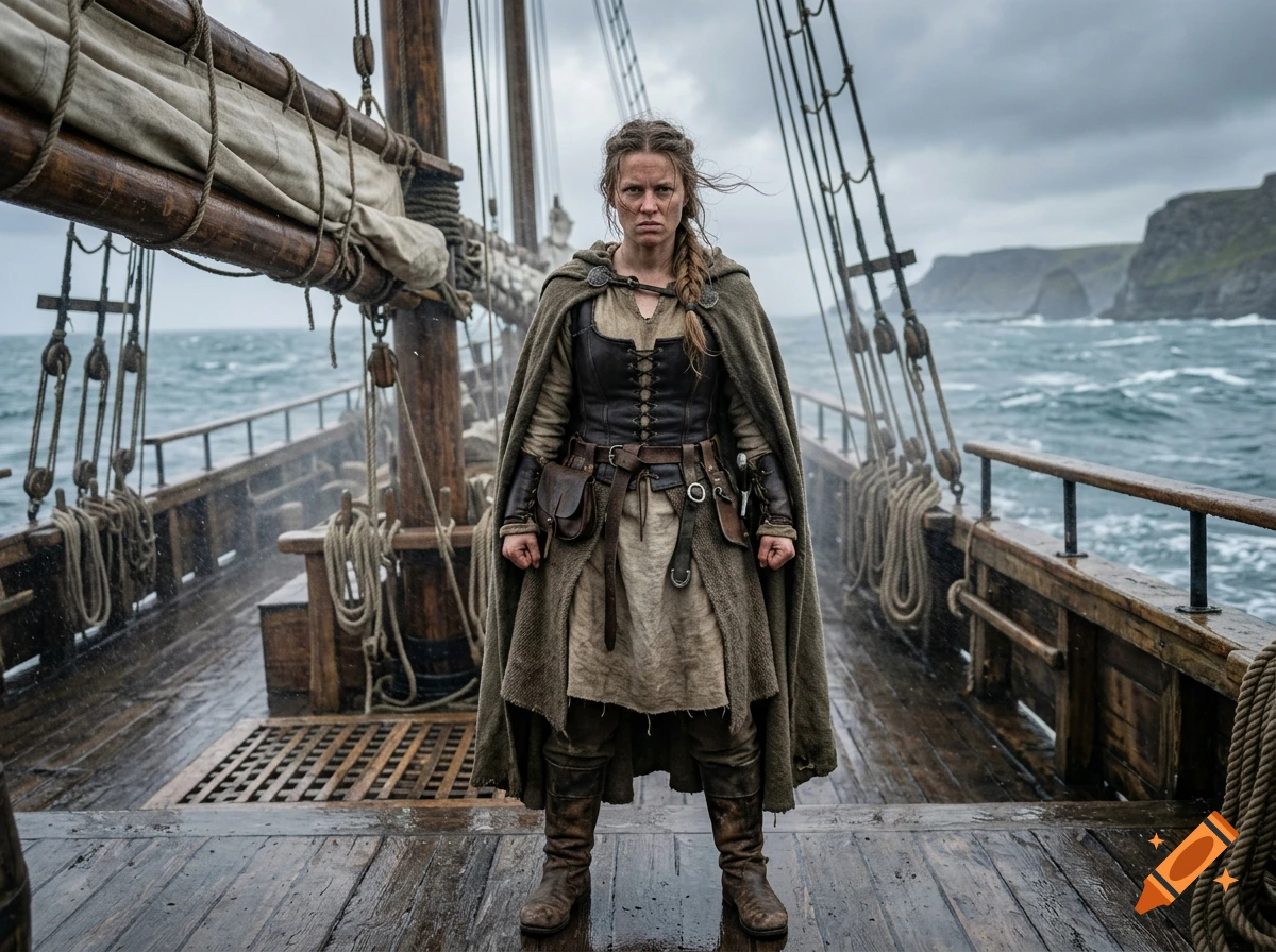 A fierce medieval woman standing on the wooden deck of a sailing ship on a stormy sea.