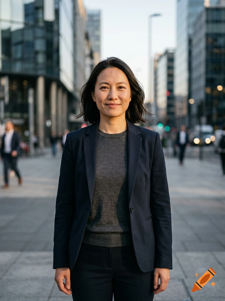 Photorealistic portrait of a woman in a dark blazer standing on a city street.