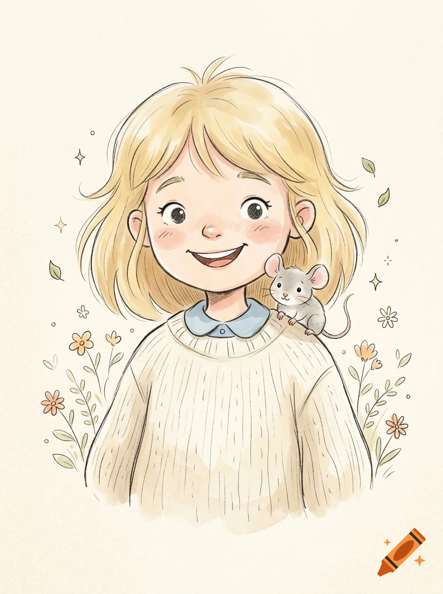 Watercolor illustration of a smiling blonde girl with a small mouse on her shoulder, surrounded by flowers.