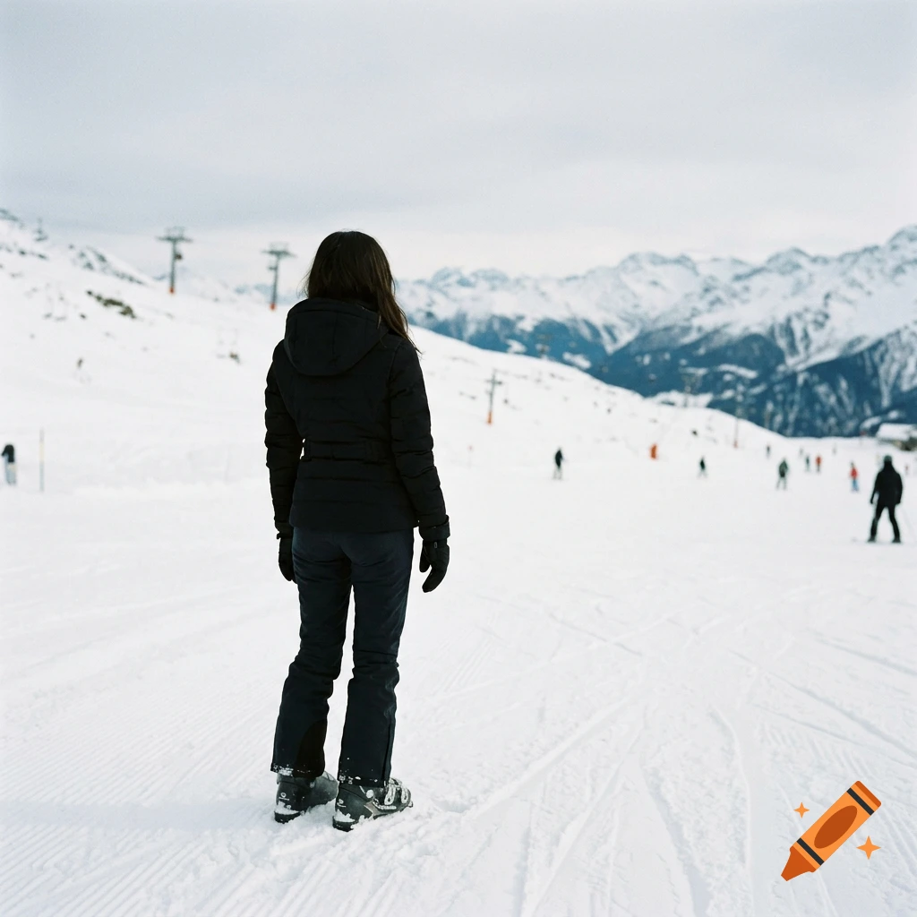 A person standing on a snowy ski slope facing away, looking at mountains in the background under an overcast sky.