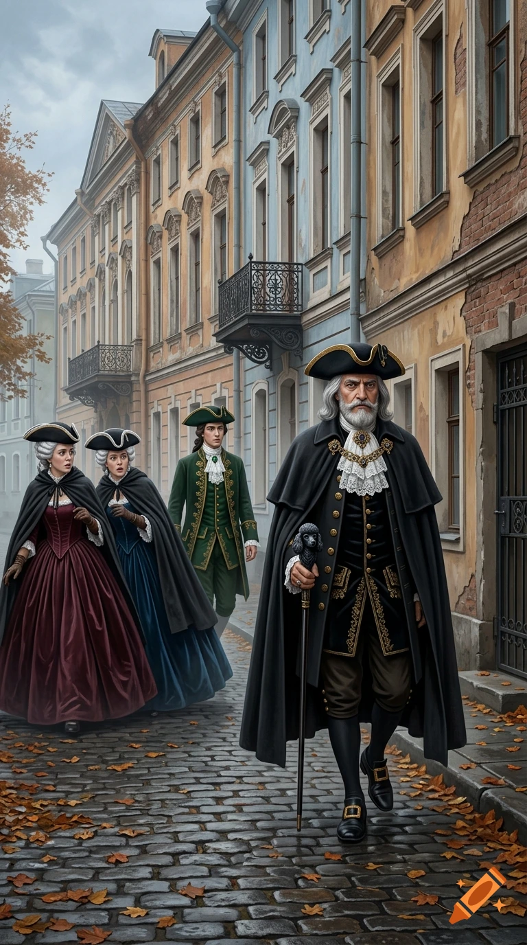 An elderly Persian man in an 18th-century cloak and tricorn hat walks down a cobblestone European street while two women look on in fear.