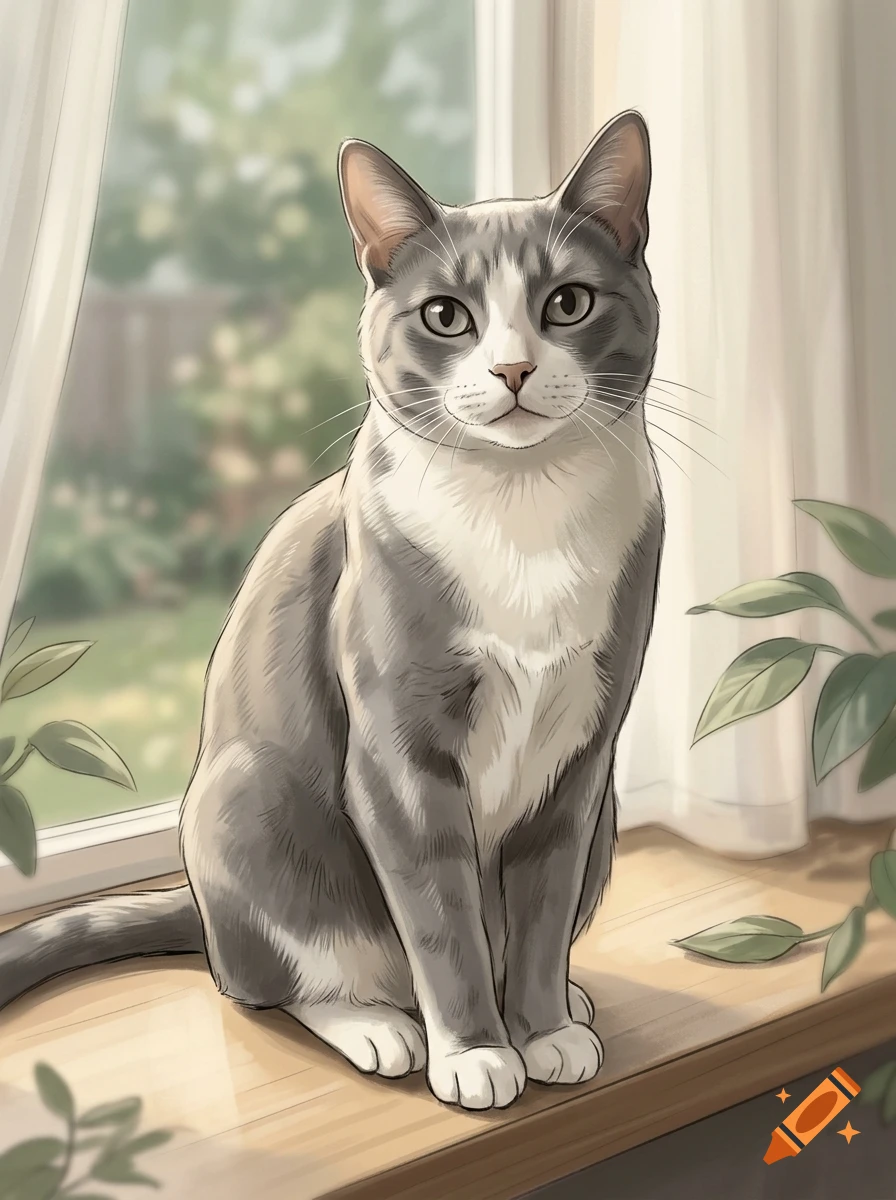 Digital illustration of a grey and white short-haired cat sitting on a windowsill next to a houseplant.