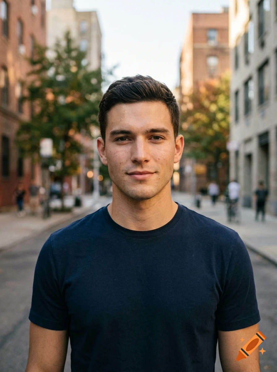 Photorealistic portrait of a young man with dark hair in a dark t-shirt, standing on a city street.