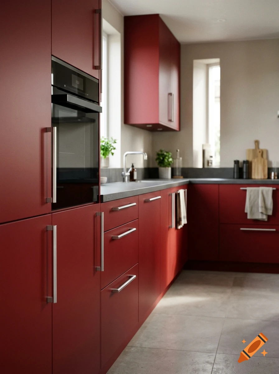 A modern kitchen interior featuring matte red cabinets, dark gray countertops, and a built-in oven under bright natural light from windows.