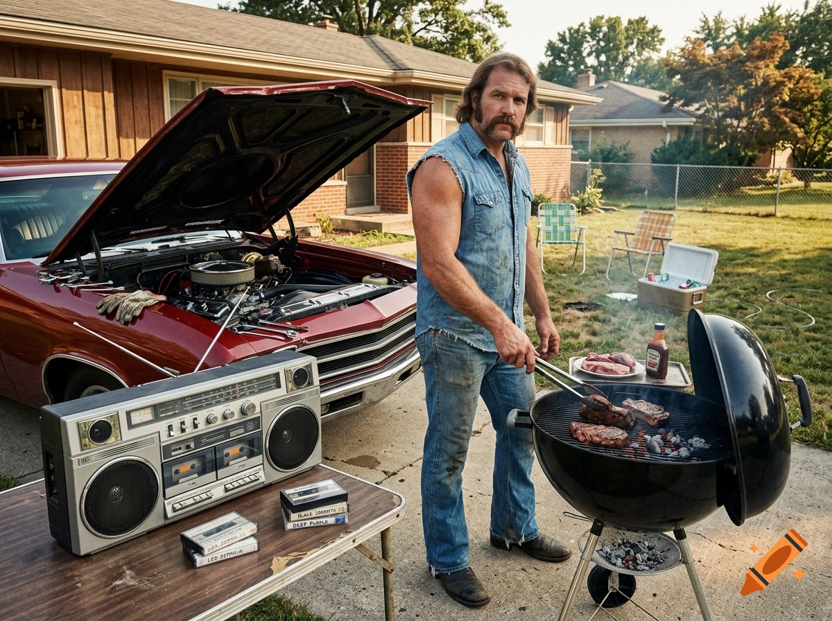 Photorealistic image of a 1970s man grilling steaks next to a classic red car, a boombox, and cassette tapes in a suburban front yard.